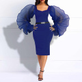 Slim Pencil V-neck Bodycon Blue Butterfly Sleeve Lady Party Club Dress